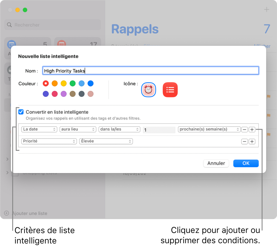 La zone de dialogue « Nouvelle liste intelligente », avec les champs permettant de préciser les critères.