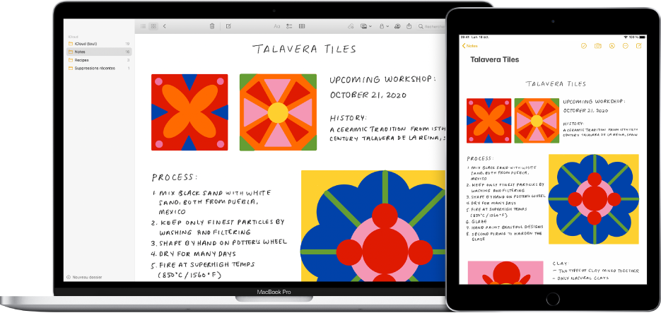 Un Mac et un iPad affichant la même note sur iCloud.
