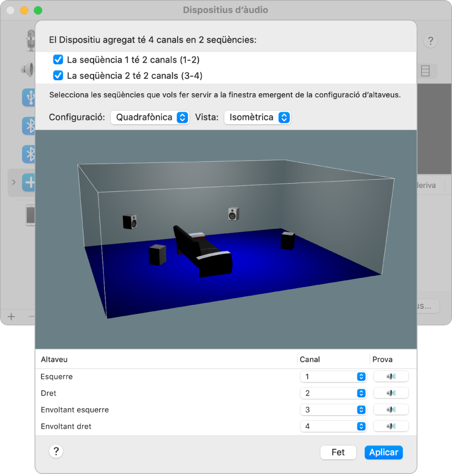 La finestra Dispositius d’àudio amb un dispositiu agregat en vista isomètrica quadrifònica. Se selecciona una seqüència de quatre canals a la llista de seqüències de la part superior de la finestra. La vista 3D mostra els quatre altaveus posicionats a la sala.