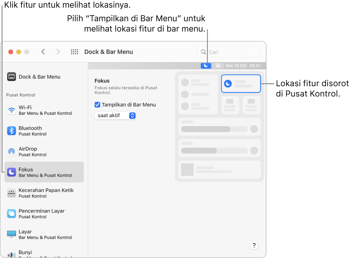 Jendela Preferensi Dock dan Bar Menu, dengan keterangan untuk Fokus dan pengaturan opsional serta hasil untuk fitur.