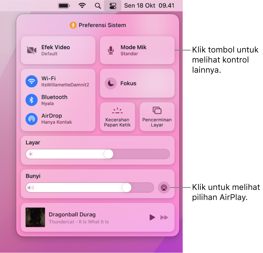 Tampilan Pusat Kontrol yang diperbesar di Mac Anda dengan keterangan untuk tombol Layar.