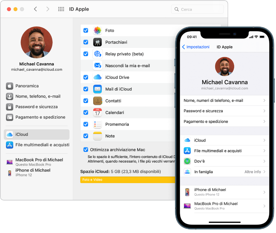 Impostazioni di iCloud su un iPhone e la finestra di iCloud sul Mac.