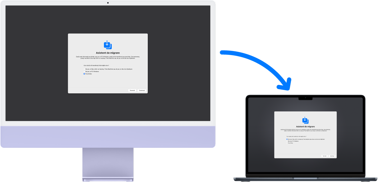 Un iMac și un MacBook Air afișând fiecare ecranul Asistent de migrare. O săgeată de la iMac către MacBook Pro indică transferul de date de la unul la celălalt.