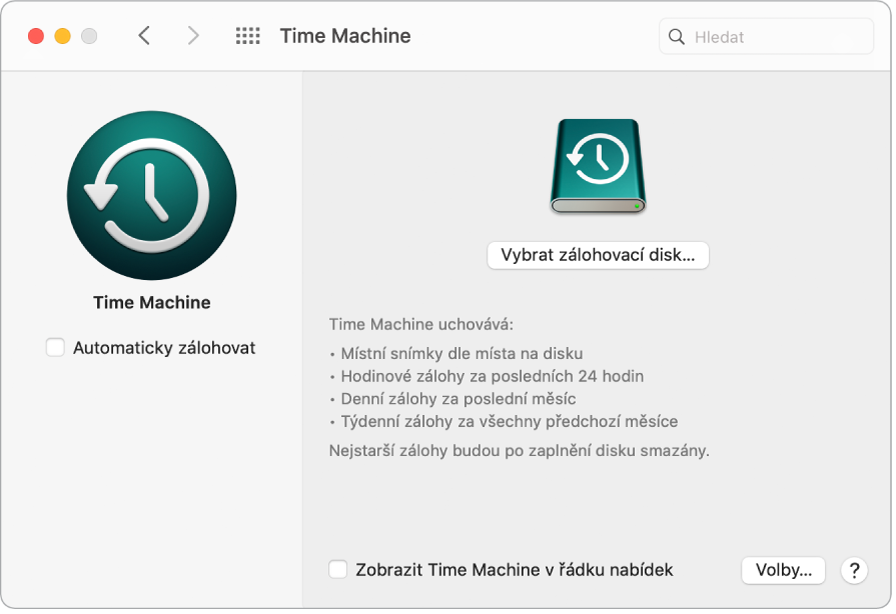 Okno zálohování Time Machine