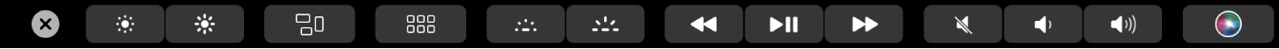 Touch Bar avec la Control Strip ouverte, affichant des boutons correspondant à la luminosité de l’écran et du clavier, à Mission Control, à Launchpad, aux commandes multimédias, au volume et à Siri.