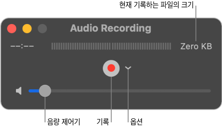 기록 버튼이 있는 오디오 녹음 윈도우, 중앙에 옵션 팝업 메뉴가 표시되어 있고 하단에 음량 제어기가 표시되어 있습니다.