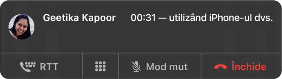O notificare despre un apel RTT recepționat.