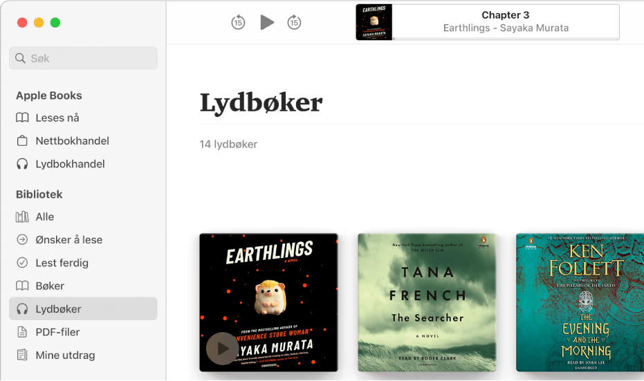 Lydbokspilleren. Øverst er kontrollene til spilleren, et miniatyrbilde av omslaget til lydboken og lydbokens tittel og forfatter. Nedenfor vises samlingen Lydbøker i biblioteket.