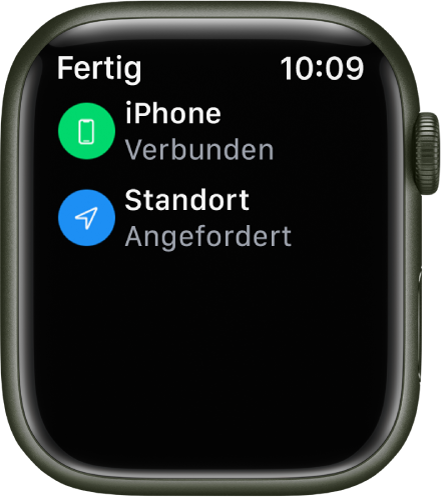 Details zum Status, die zeigen, dass das iPhone verbunden ist und der Standort der Watch angefordert wurde.