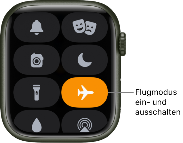 Kontrollzentrum mit der Taste „Flugmodus“, die hervorgehoben ist, um zu zeigen, dass der Flugmodus aktiviert ist.