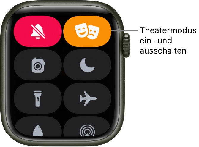 Kontrollzentrum mit den Tasten „Theatermodus“ und „Stummmodus“, die hervorgehoben sind, um zu zeigen, dass der Theatermodus aktiviert ist.
