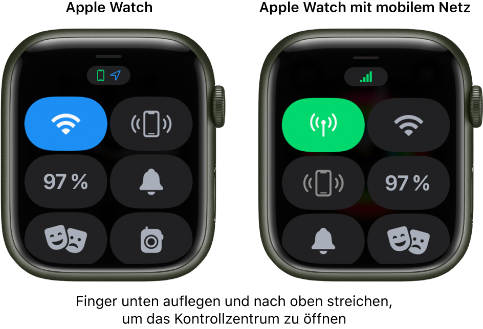 Zwei Bilder: Apple Watch ohne Mobilfunk links mit geöffnetem Kontrollzentrum. Die Taste „WLAN“ befindet sich oben links, die Taste „iPhone anpingen“ oben rechts, die Taste für den Batteriestatus in der Mitte links, die Taste „Stummmodus“ in der Mitte rechts, die Taste „Theatermodus“ unten links und die Taste „Walkie-Talkie“ unten rechts. Das rechte Bild zeigt eine Apple Watch mit Mobilfunk. Im Kontrollzentrum siehst du die Taste „Mobilfunk“ oben links, die Taste „WLAN“ oben rechts, die Taste „iPhone anpingen“ in der Mitte links, die Taste für den Batteriestatus in der Mitte rechts, die Taste „Stummmodus“ unten links und die Taste „Theatermodus“ unten rechts.
