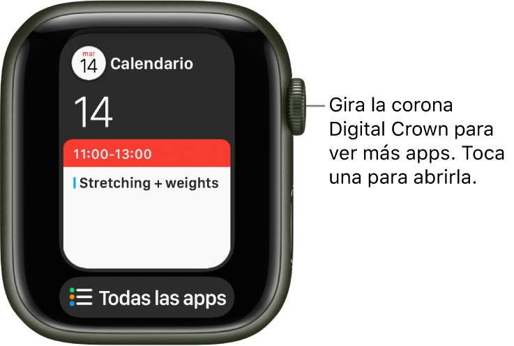 El Dock mostrando la app Calendario con el botón “Todas las apps” debajo. Gira la corona Digital Crown para ver más apps. Toca una para abrirla.