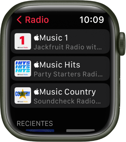La pantalla Radio mostrando tres estaciones de Apple Music.