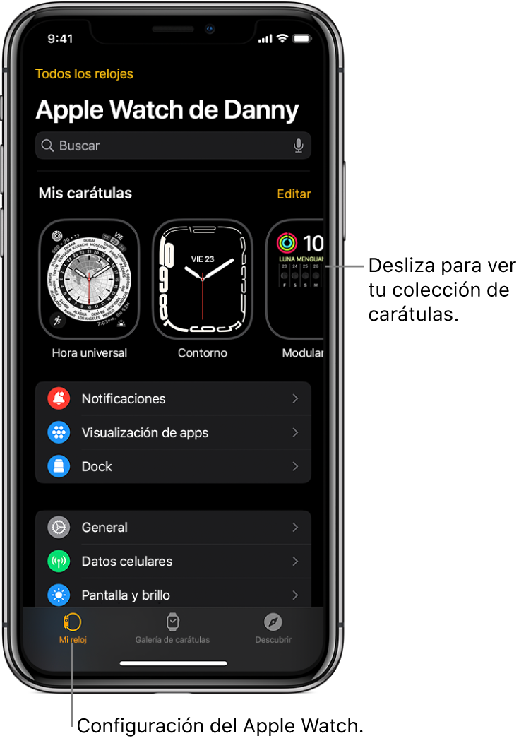 La app Apple Watch del iPhone abierta en la pantalla "Mi Reloj", que muestra tus carátulas cerca de la parte superior y la configuración abajo. Hay tres pestañas en la parte inferior de la pantalla de la app Apple Watch: la izquierda es “Mi reloj”, donde está la configuración del Apple Watch; luego está la “Galería de carátulas”, donde puedes explorar las carátulas y complicaciones disponibles; y la última es Descubrir, donde puedes obtener más información sobre el Apple Watch.