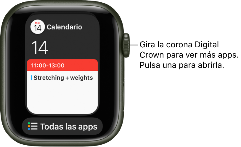 El Dock con la app Calendario y un botón “Todas las apps” debajo. Gira la corona Digital Crown para ver más apps. Toca una para abrirla.