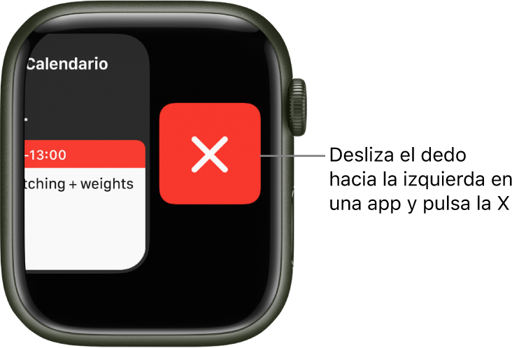El Dock después de deslizar el dedo hacia la izquierda en una app con el botón X a la derecha.