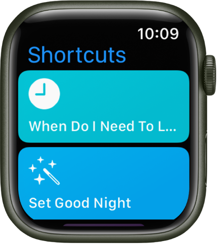 Apple Watchi rakenduses Shortcuts kuvatakse kahte otseteed – When Do I Need To Leave ja Set Good Night.