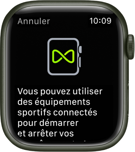 Un écran de jumelage qui s’affiche lorsque vous jumelez votre Apple Watch avec un équipement sportif.