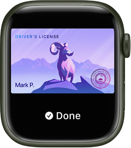 Un permis de conduire affiché sur l’Apple Watch Le mot « OK » s’affiche vers le bas.
