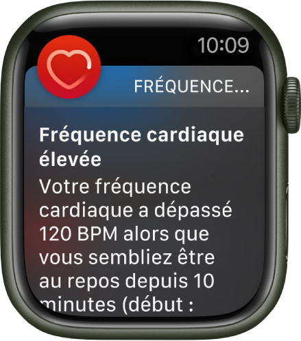 L’écran « Fréquence cardiaque élevée » affichant une notification mentionnant que votre fréquence cardiaque a dépassé 120 bpm pendant une période d’inactivité de 10 minutes.