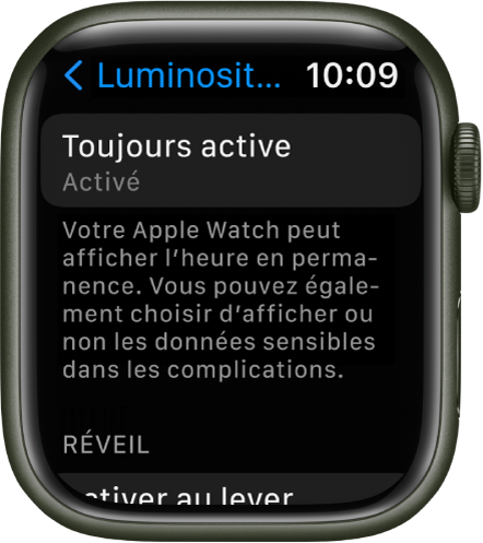 Écran « Luminosité et affichage » affichant le bouton « Toujours activé ».