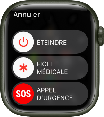 L’écran de l’Apple Watch affiche trois curseurs : Éteindre, Fiche médicale et Appel d’urgence. Faites glisser le curseur Éteindre pour éteindre l’Apple Watch.