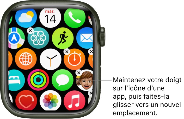 Écran d’accueil en présentation en grille sur l’Apple Watch.