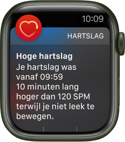 Het scherm 'Hoge hartslag' met een melding dat je hartslag boven de 120 slagen per minuut is gebleven terwijl je 10 minuten lang niet hebt bewogen.