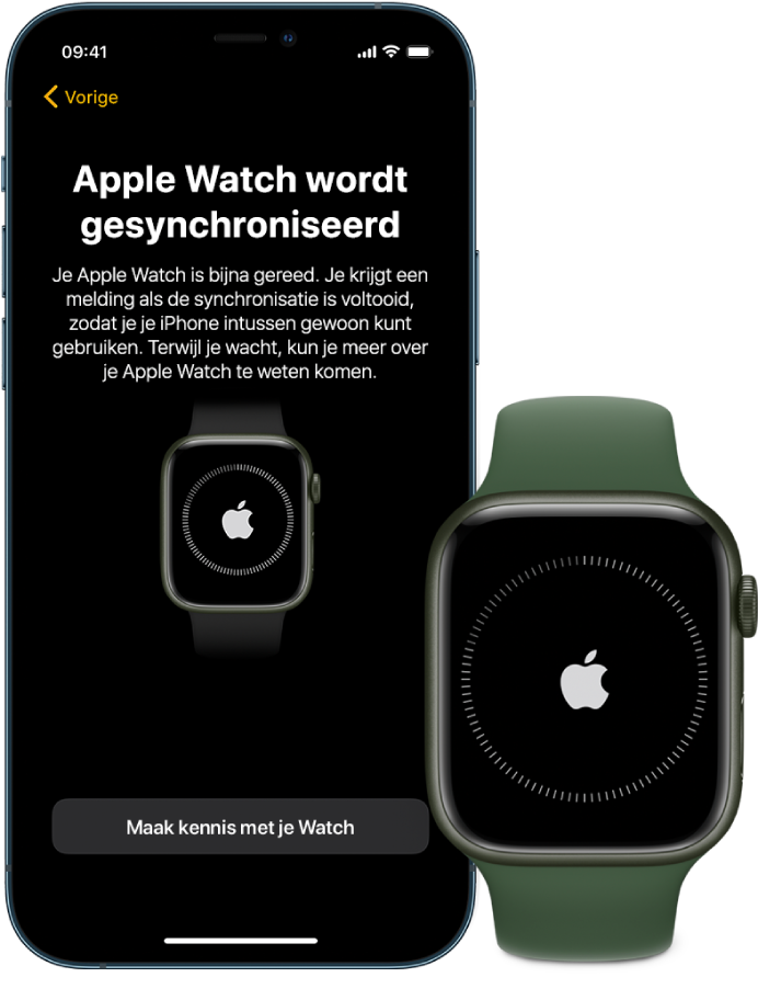 Een iPhone en een Apple Watch met synchronisatieschermen.