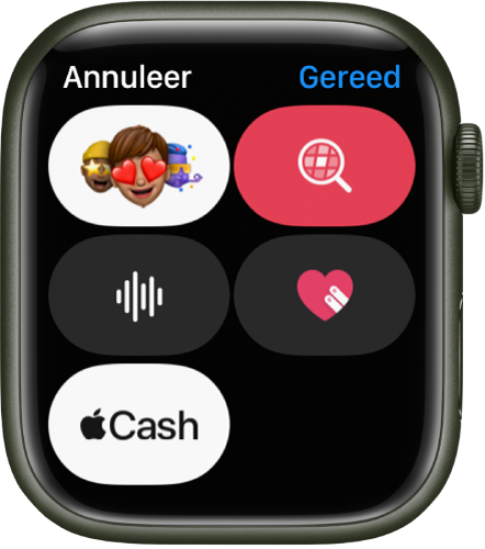 Een Berichten-scherm met de Apple Cash-knop, de memojiknop, de afbeeldingenknop, de audioknop en de Digital Touch-knop.
