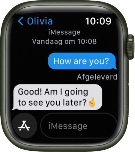 Een gesprek in Berichten. Onderaan bevinden zich de appknop en het berichtenveld.