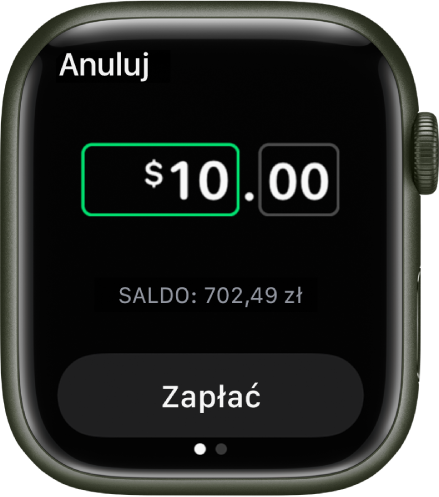Ekran aplikacji Wiadomości przedstawiający przygotowaną płatność Apple Cash. U góry znajduje się kwota i symbol waluty. Poniżej znajduje się aktualne saldo, a na dole widoczny jest przycisk Zapłać.