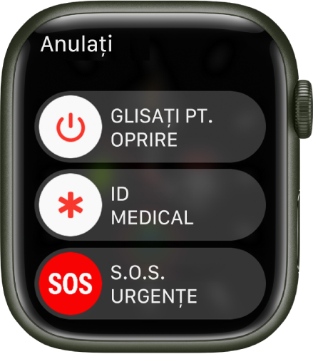 Ecranul Apple Watch prezentând trei glisoare: Glisați pt. oprire, ID medical și S.O.S. urgențe.
