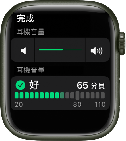 「耳機音量」畫面最上方顯示音量控制項目,下方的音量計顯示幕前的耳機音量。音量為 65 分貝並標示為「正常」。