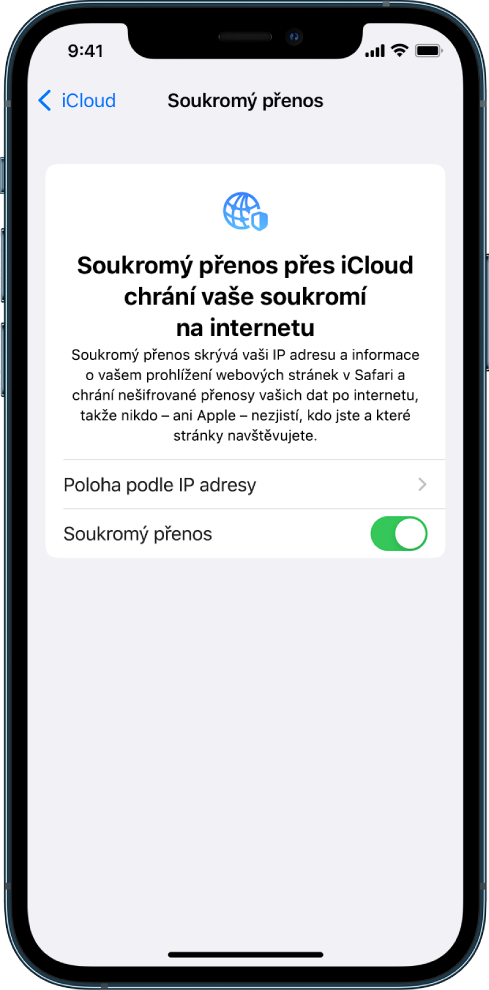 Obrazovka aplikace Nastavení pro zapnutí a vypnutí soukromého přenosu