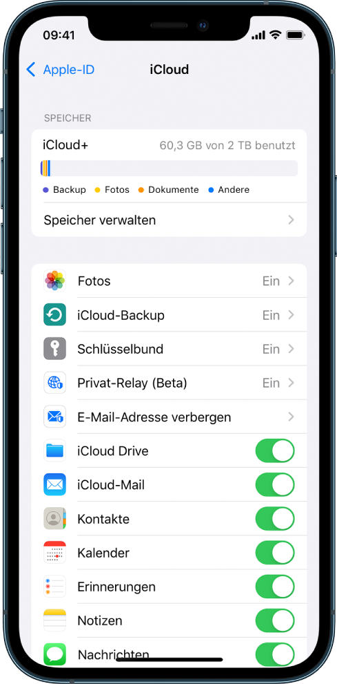 Bildschirm mit den iCloud-Einstellungen mit der Nutzungsanzeige für den iCloud-Speicher und einer Liste von Apps und Diensten wie „Mail“, „Kontakte“ und „Nachrichten“, die mit iCloud verwendet werden können.