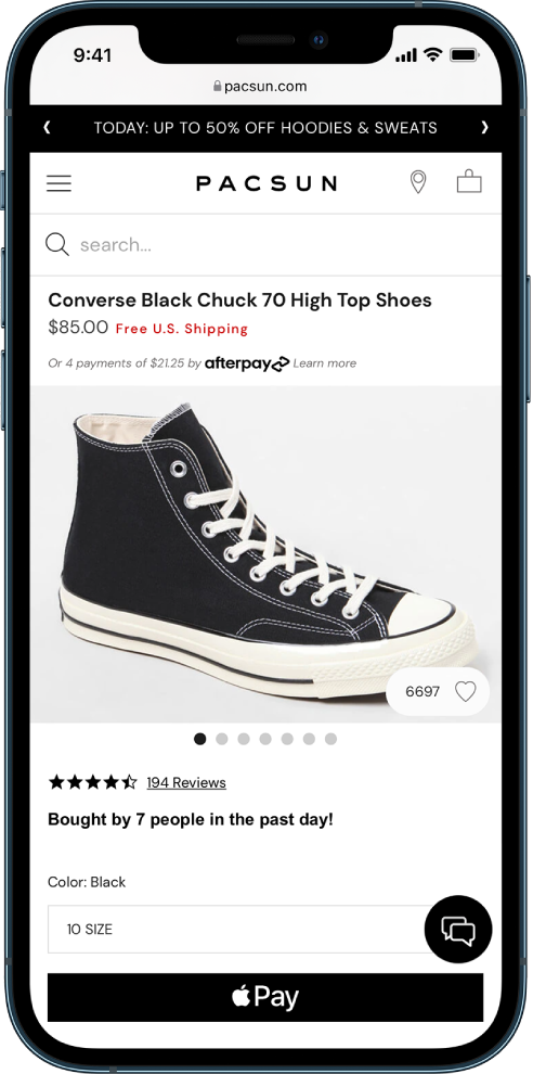 La página web de un producto con el botón Apple Pay abajo a la derecha.