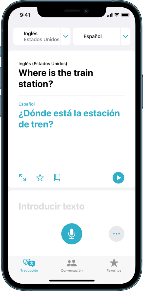 Pestaña Traducción con dos selectores de idioma (inglés y español) en la parte superior, una traducción en el centro y el campo para introducir texto cerca de la parte inferior.