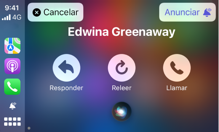 Siri muestra las opciones Responder, “Leer de nuevo” y Llamar para un mensaje de texto entrante en CarPlay. En la parte superior izquierda se encuentra el botón Cancelar y, en la parte superior derecha, el botón Anunciar.
