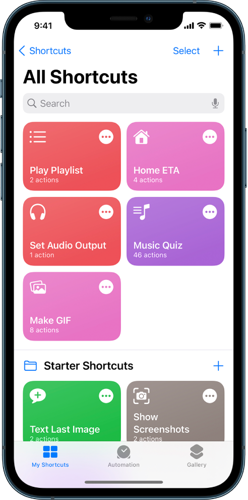 Vahekaart My Shortcuts. Loend otseteedega, mis aitavad teha igapäevaseid tegevusi nagu teetaimeri määramine ning suširestorani leidmine. All on vahekaardid Automation ja Gallery.