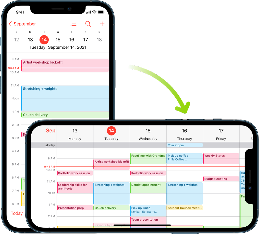 iPhone kuvab taustal rakenduse Calendar kuva, milles on ühe päeva sündmused püstformaadis; esiplaanil on iPhone pööratud rõhtasendisse ning seal kuvatakse rakenduse Calendar sama päeva hõlmava kogu nädala sündmusi.