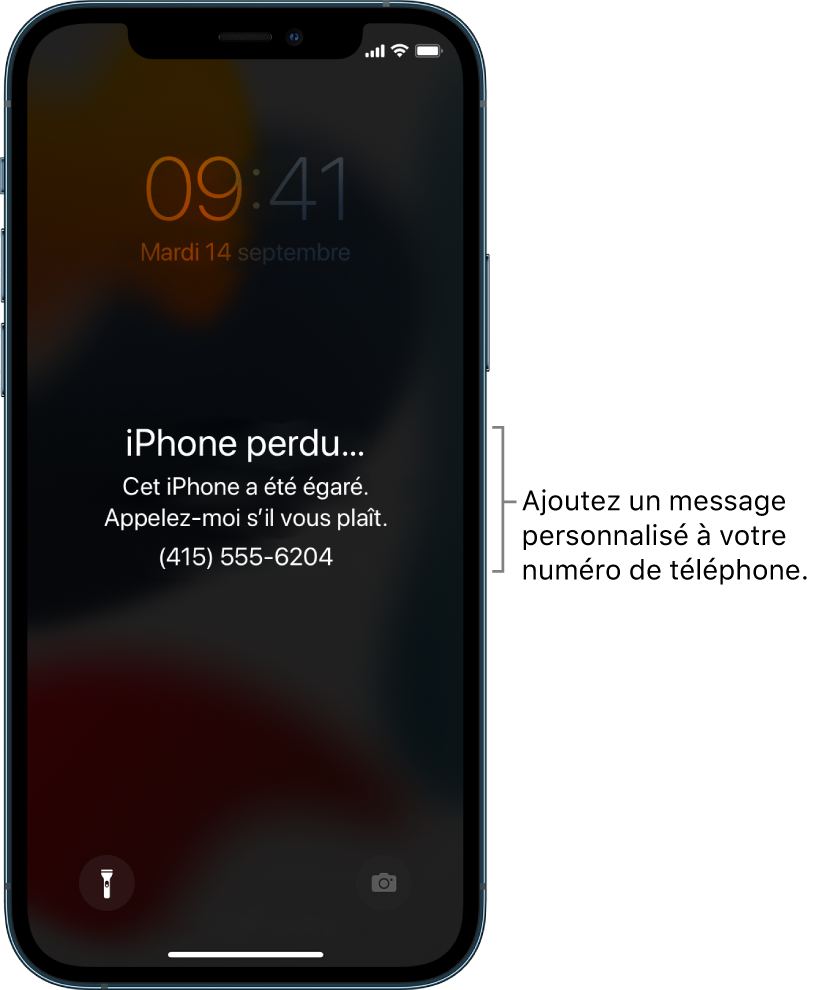 Écran verrouillé d’un iPhone avec le message suivant : « iPhone perdu. Cet iPhone a été égaré. Appelez-moi s’il vous plaît. 06 09 00 11 20. » Vous pouvez ajouter un message personnalisé avec votre numéro de téléphone.