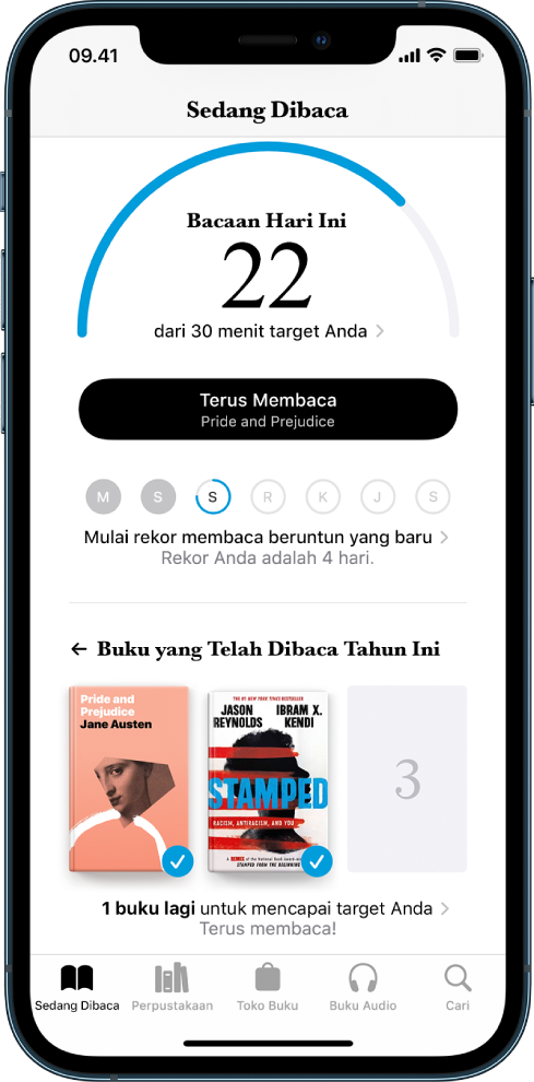 Bagian Target Bacaan di Sedang Dibaca. Penghitung bacaan menampilkan bahwa 10 menit dari target 20 menit telah diselesaikan. Di bawah penghitung terdapat tombol Terus Membaca, dan lingkaran yang menampilkan hari dalam seminggu, Minggu hingga Sabtu dan kerangka biru di sekitar lingkaran menandakan kemajuan membaca untuk hari tersebut. Di bagian bawah halaman terdapat sampul Buku yang Telah Dibaca Tahun Ini.