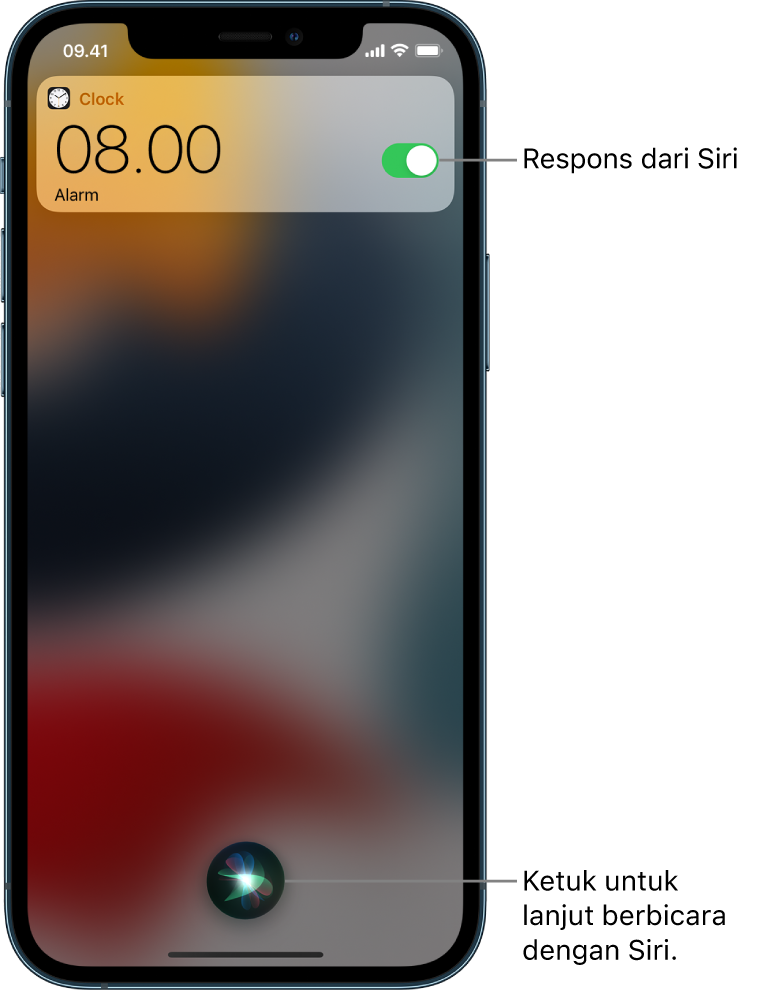 Siri di Layar Terkunci. Pemberitahuan dari app Jam memperlihatkan bahwa alarm dinyalakan untuk pukul 08.00. Tombol di tengah bawah layar digunakan untuk melanjutkan berbicara dengan Siri.