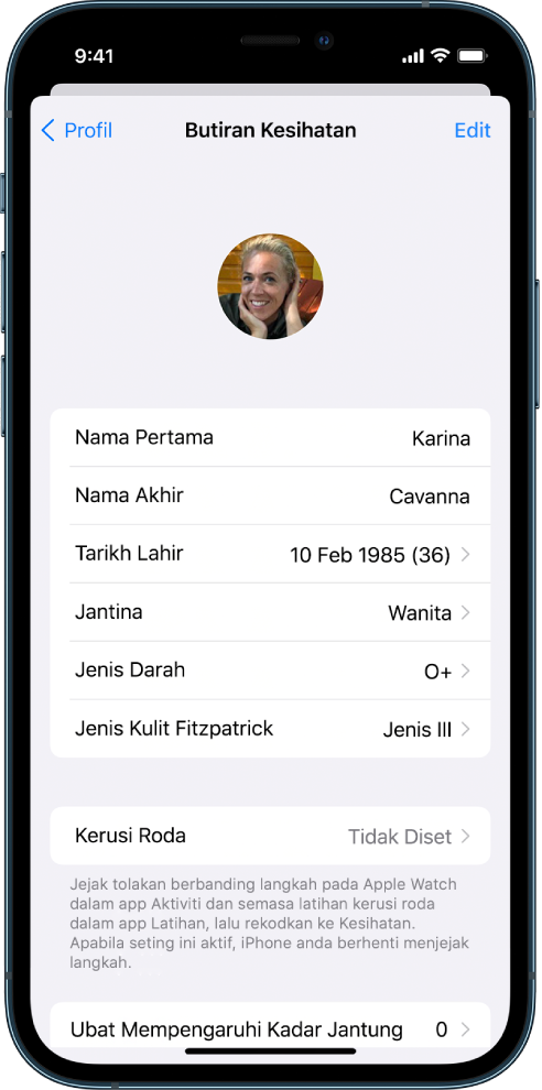 Skrin Butiran Kesihatan untuk perempuan berusia 36 tahun.