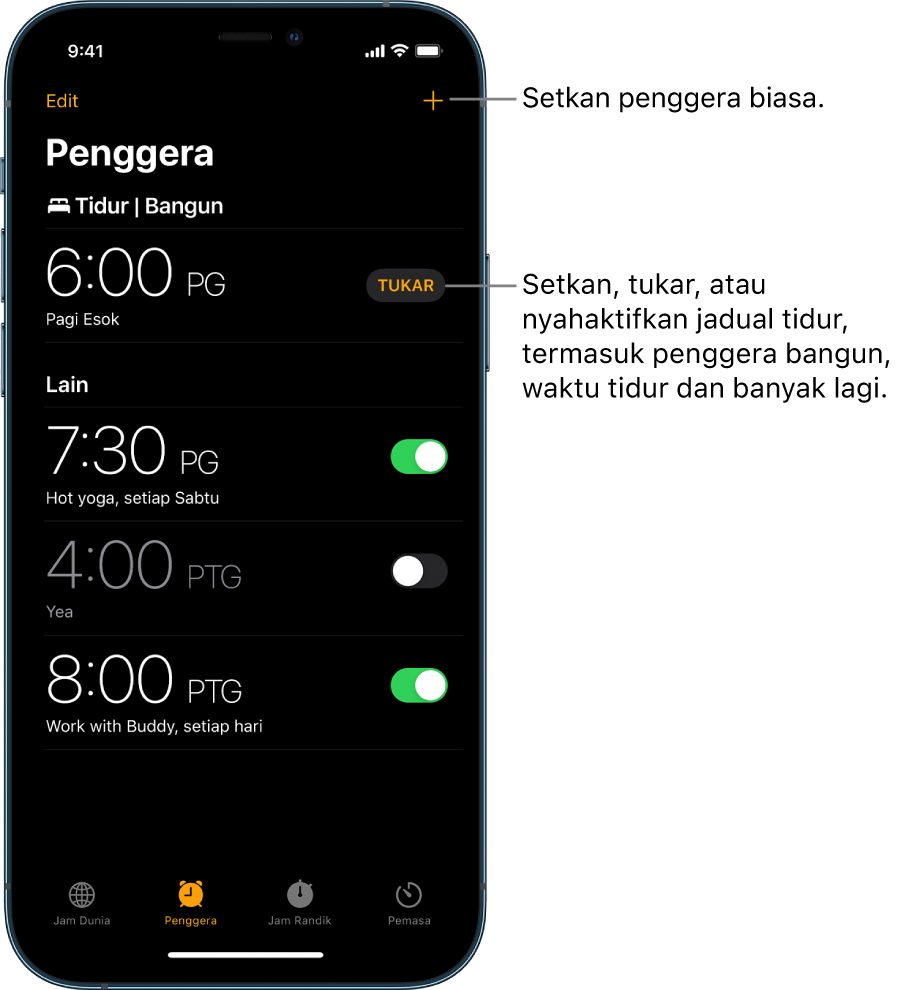 Tab Penggera, menunjukkan empat penggera disetkan pada pelbagai waktu, butang untuk mengesetkan penggera biasa di bahagian kanan atas dan penggera Bangun dengan butang untuk menukar jadual tidur dalam app Kesihatan.