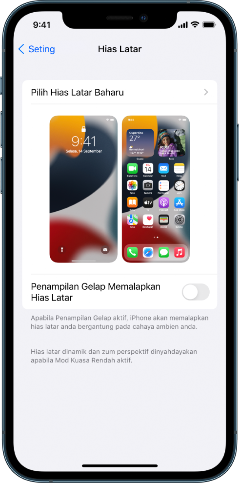 Skrin Seting Hias Latar, dengan butang untuk memilih hias latar baharu di bahagian atas dan imej Skrin Kunci dan Skrin Utama dengan hias latar semasa.