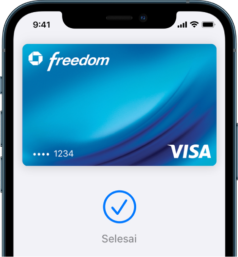 Kad kredit pada skrin Wallet. Di bawah kad adalah tanda semak dan perkataan “Selesai.”