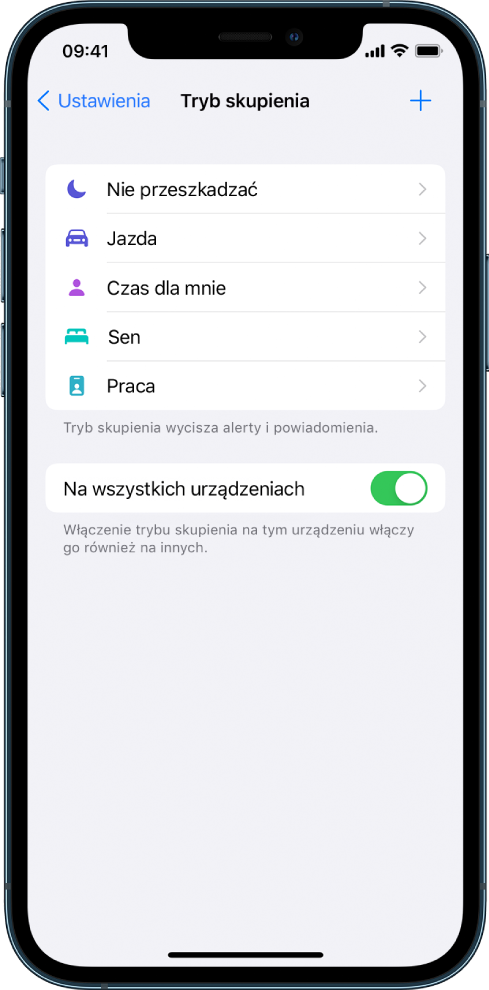 Ekran pokazujący pięć domyślnych trybów skupienia, Nie przeszkadzać, Jazda, Czas dla mnie, Sen oraz Praca. Przycisk Na wszystkich urządzeniach pozwala na używanie tych samych ustawień trybu skupienia na wszystkich Twoich urządzeniach Apple zalogowanych przy użyciu tego samego Apple ID.